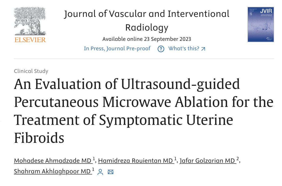 1/6 🚨 New Research Alert 🚨 from @JVIRmedia!

Exploring the world of minimally invasive treatments for symptomatic uterine fibroids - Ultrasound-guided percutaneous microwave ablation (MWA)!

Let's dive in! @SIRspecialists

#UterineFibroids #VIR