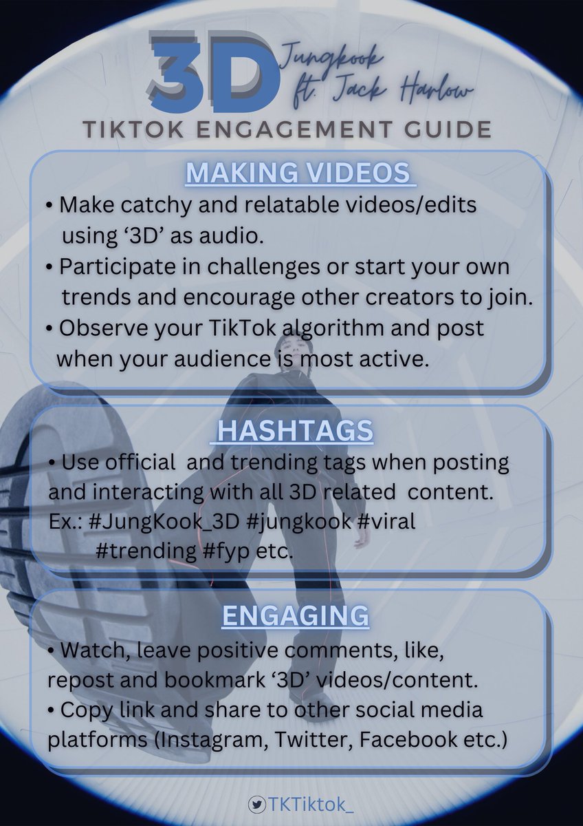‘3D’ by Jung Kook ft. Jack Harlow will be dropping in a few hours 🖤

Here’s a guide on how to boost engagement and maximize our reach for ‘3D’ on TikTok ✨ 

Please don’t hesitate to send us a DM for questions/suggestions. 

3D IS COMING
JUNGKOOK IS COMING
#JungKook_3D