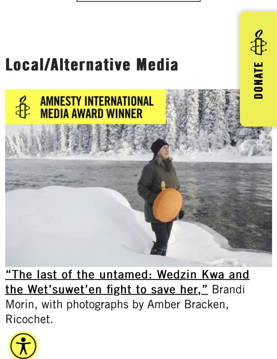 Songstress28's tweet photo. I am elated to now be an Amnesty International Media Award winner. And I’m so proud of this work. With stunning photo’s by the one & only @photobracken And huge thanks to @ricochet_en for continuously believing in it. You, the readers, supported this with a crowdfunder when we were on assignment. Now, this is a reward that demonstrates how valuable this is! 
You know, we fight for these stories. And guess what? The majority of the time the mainstream turns them away- like now when multiple stories I’m pitching are getting passed by by legacy media. But this drives me to push harder! Because these stories need to get to the world!!! 
Grateful with all my heart to the Wet’su’wet’en who have been standing up against their human rights being violated for years. Their unwavering resolve to save their Yintah, Wedzin Kwa and ultimately, their livelihoods is inspiring. The Wet’su’wet’en land/water defenders are upholding their fight for justice for all. Because upholding human rights ensures that every person has the opportunity to live a life of dignity, free from discrimination, oppression, and injustice, fostering a world where peace, harmony, and social progress can flourish.
Hiy Hiy @amnestycanada 🙌🏾🙏🏾🙌🏾

https://t.co/2nX4En4FFh