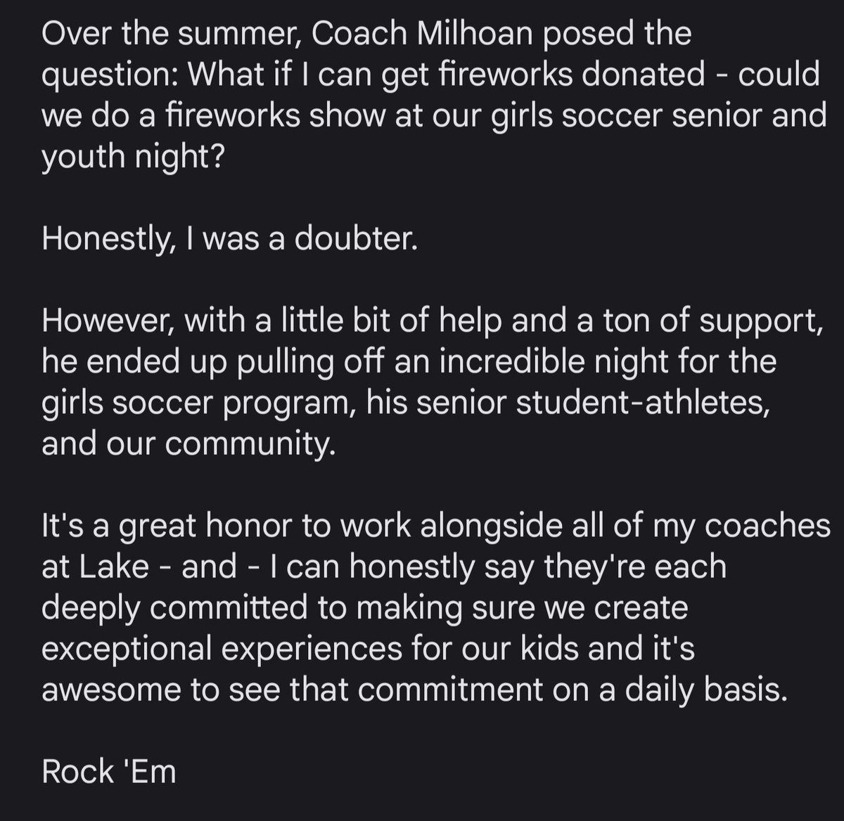 BlueStreaks_AD's tweet photo. My challenge to our coaches: 

Love our kids. Coach our kids hard. Create exceptional experiences for our kids. 

They're all committed and do an incredible job. 

That's who we are, that's what we do at Lake. 

 🔵⚪⚡⚪🔵 https://t.co/BgZJCjP13D