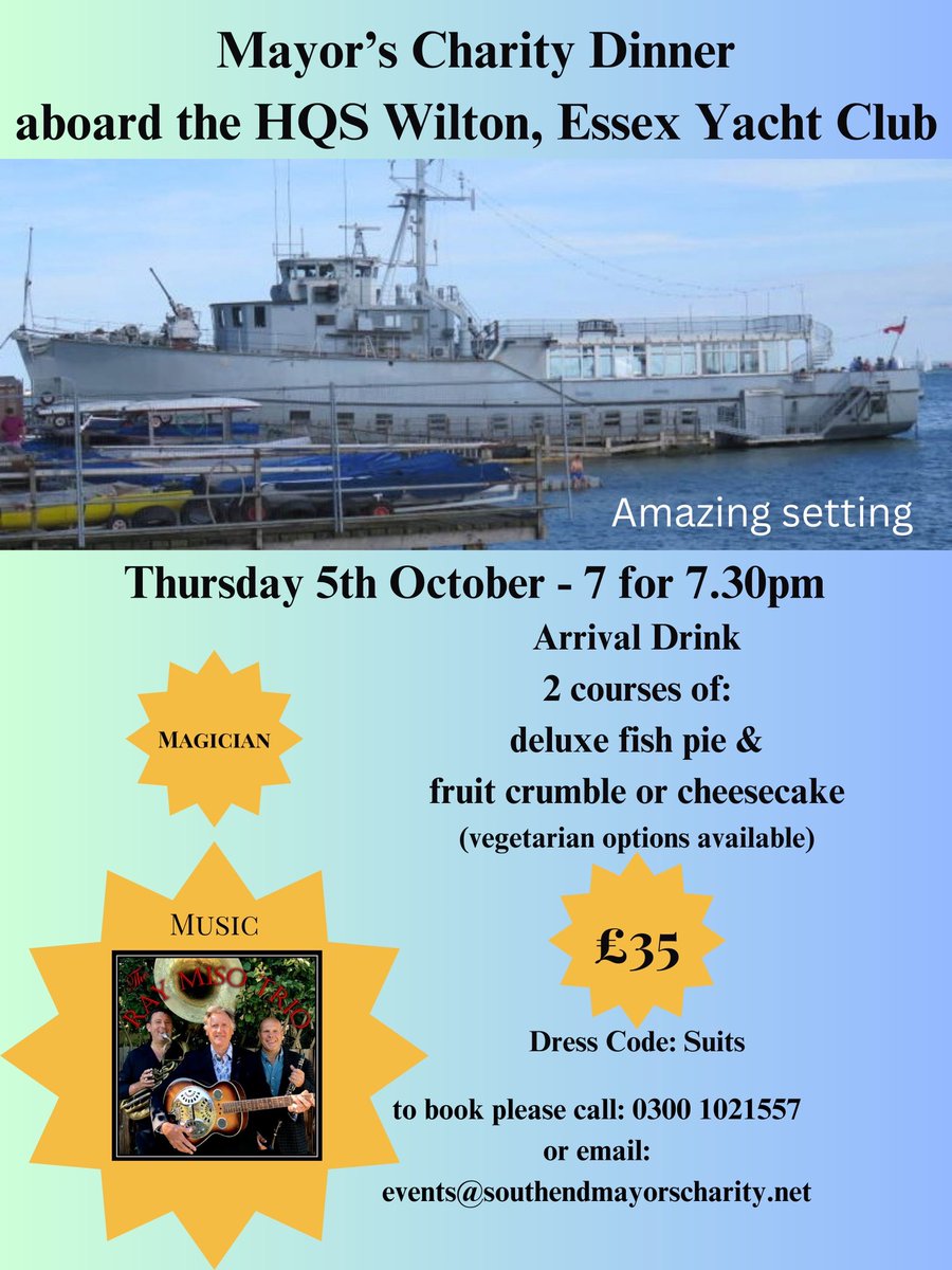 Tickets are still available for the Mayor’s Charity Dinner below 👇 
Tickets cost £35 for a welcome drink and a 2 course dinner. 
Entertainment will be a table magician and music will be provided by the Ray Miso Trio. 
@SouthendCityC