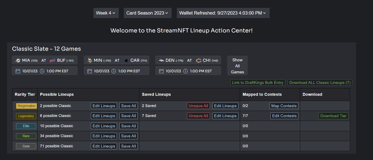 stream_nft's tweet photo. Our NFL Lineup Optimizer for @DKReignmakers
is helping a lot of users automatically build lineups for every DraftKings Reignmakers slate for NFL, for 2022 and 2023 Cards, with fantastic visualization and edit ability! It's no cost, free to sign up and try it out! https://t.co/gOfoy0BkJy