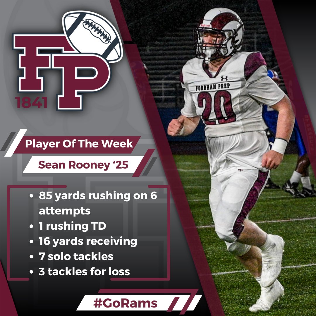 Congratulations to Sean Rooney ‘25 - Sean was named player of the week in the <a href="/NYCHSFL/">NYCHSFL</a> for his performance against the Terriers of <a href="/StFrancisPrep1/">St. Francis Prep</a>. 

Go Rams! 🐏🏈

#AMDG #GoRams #HomeOfChampions
