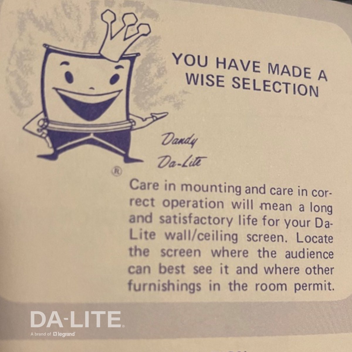 Say hi to Mr. Dandy Da-Lite! He's here to congratulate you on making a great decision by choosing Da-Lite for your projection screen project. 

Want to see how Mr. Dandy Da-Lite can support you? Reach out to your local sales representative today! ow.ly/Ec1X50PPRXV

#tbt