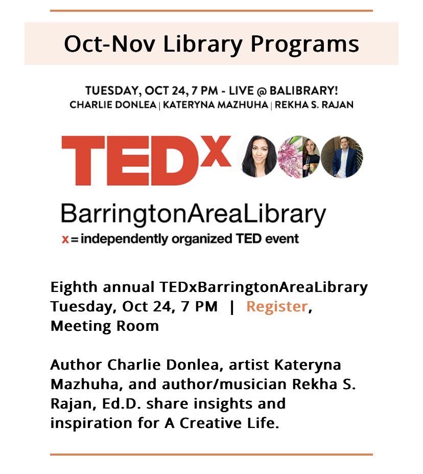 So excited to be part of this⁦⁩ ⁦<a href="/TEDx/">TEDx</a>⁩ talk with the Barrington Area Library ⁦<a href="/balibrary/">Barrington Area Library</a>⁩ on October 24th <a href="/7pm/">Huong Le</a> - super special cause it’s also my baby girls birthday! #creativity #library #music ⁦<a href="/TogetherBstrong/">BStrong Together</a>⁩ ⁦<a href="/220Arts/">Barrington 220 Fine Arts</a>⁩