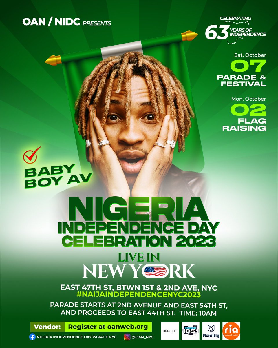 DaddyRich793's tweet photo. 2023 NYC Nigeria Independence Day Parade &amp; Carnival

Saturday, October 7, 2023 

Parade-10:00 a.m.-1:30 p.m. Starts at 2nd Ave. and East 54th Street and proceeds to 44th Street in New York, NY 10017

Carnival-1:30 p.m.-6:00 p.m. Dag Hammarskjold Plaza East 47th Street. NY. https://t.co/Z1o7GPktIZ