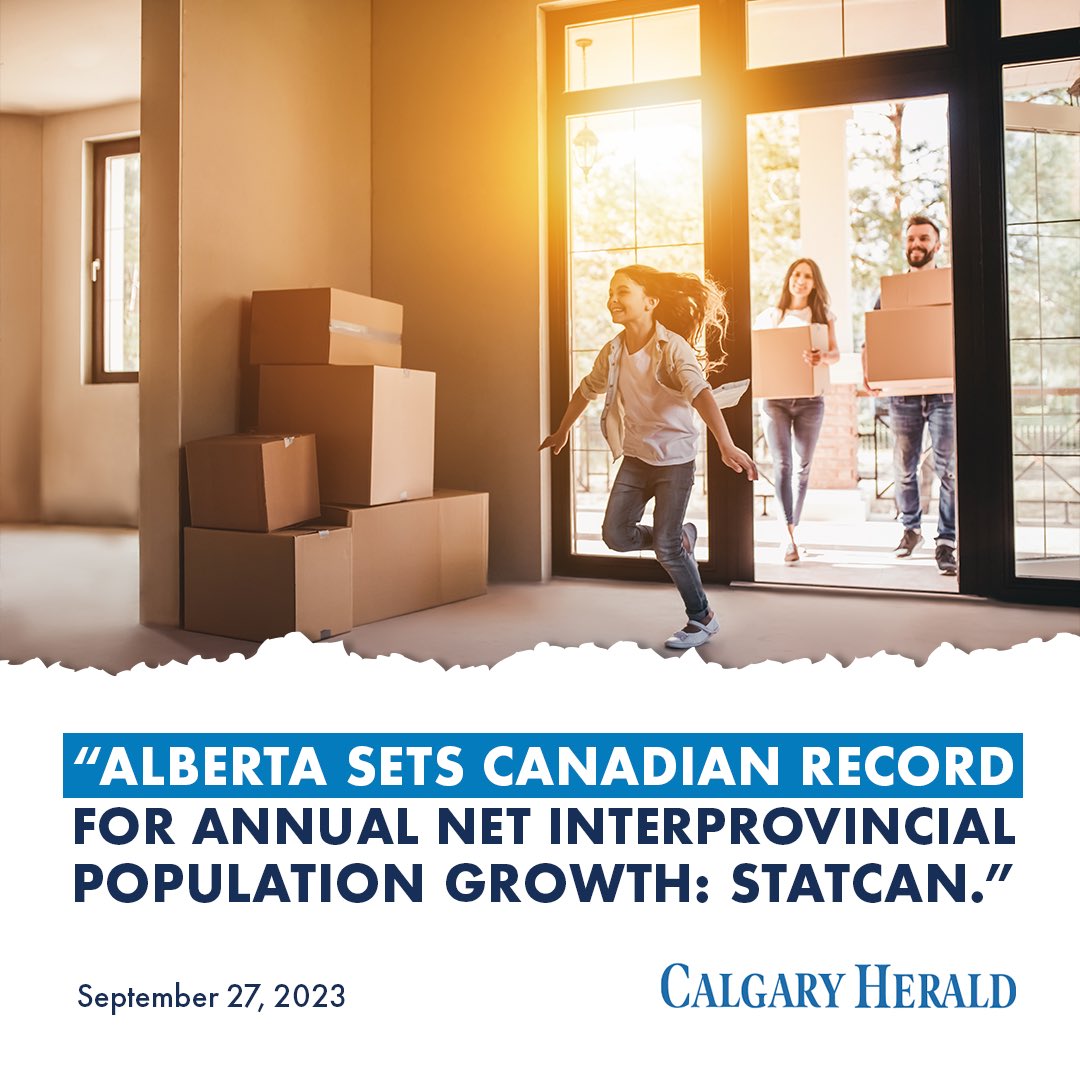 Danielle Smith on X: “Alberta set a new record for net interprovincial  migration growth last year, contributing to an overall population gain of  more than four per cent, according to data released