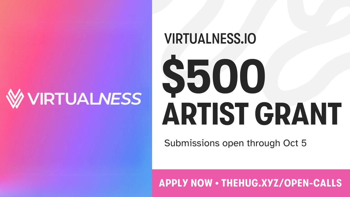 ARTIST GRANT OPPORTUNITY💜💕

Our friends at @Virtualnessio are giving $2,500 to artists on HUG for minting digital artwork on their new platform. 

Details:
5 Artists will each be awarded a $500 grant in exchange for minting on Virtualness, with support from their team.