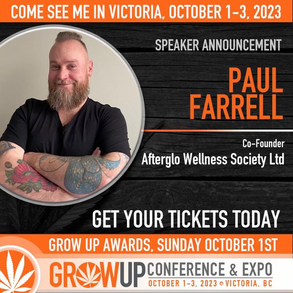 We are excited to be a speaker the GrowUp conference from Oct 1-3, 2023 in Victoria, BC Come see us Oct 2 at 3:15pm! #afterglowellness #growup #victoria #veteran #psychedelic
