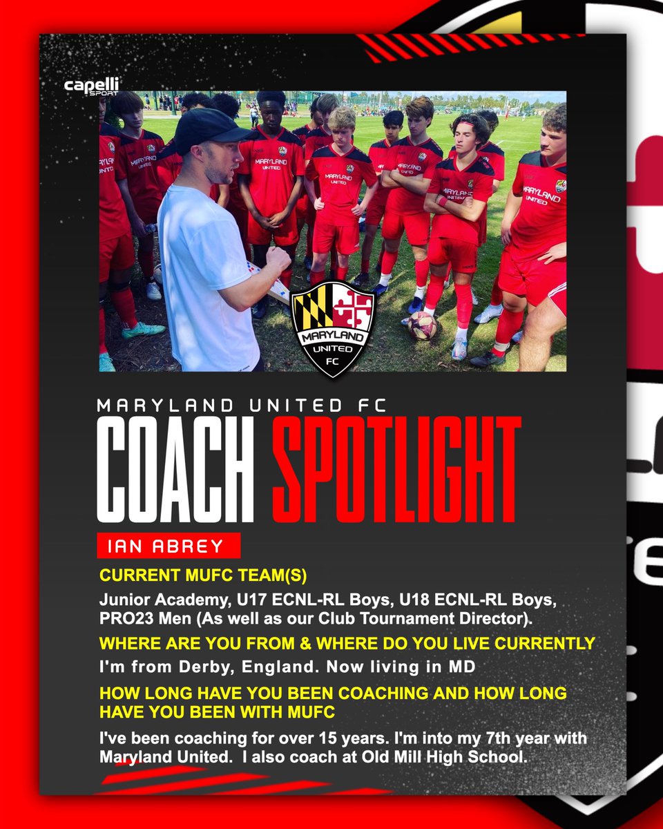 Maryland_United's tweet photo. In our latest Coach Spotlight we meet Coach Ian Abrey, originally hailing from England 🏴󠁧󠁢󠁥󠁮󠁧󠁿. Ian’s now settled in at the club working with the youngest and oldest players on our Boys side while also serving as the club’s Tournament Director. Enjoy getting to know Ian! https://t.co/NKTTrTn9y1