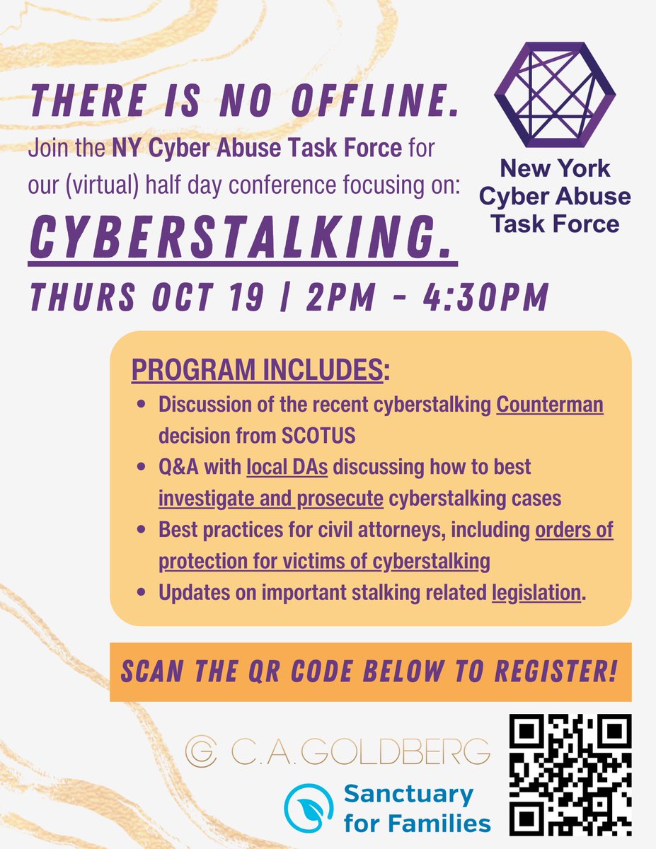 Join us the NY Cyber Abuse Task force for our annual (virtual) conference covering the important topic of CYBERSTALKING | Thursday, October 19th | 2 - 4:30PM #cyberabuse #cyberstalking