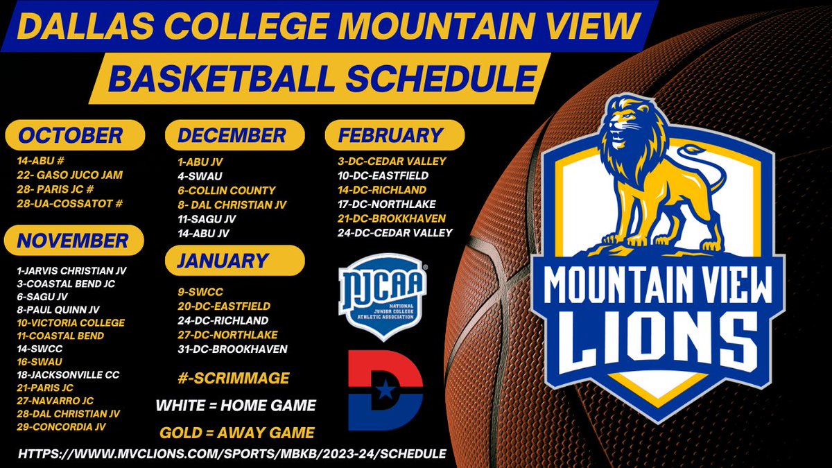 2023-2024 Dallas College-Mountain View Lions MBB schedule. For game times, please visit our website.