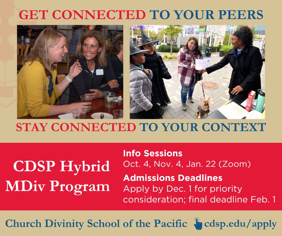 Know someone who might be interested in applying for our Hybrid MDiv Program to begin June '24? 

Be sure to let them know that the new application deadline for priority consideration is DECEMBER 1.

First info session is next week! Register here: cdsp.edu/information-se…