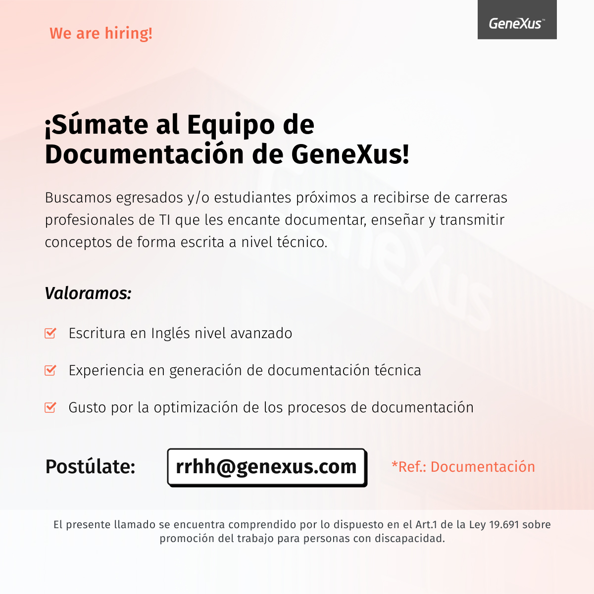 #EMPLEO 📣 | Revisa nuestras oportunidades y únete al equipo GeneXus. Puedes enviar tu cv a rrhh@genexus.com.

📲 Desarrollador Android
hubs.la/Q023MjHl0

✨ Tester Design
hubs.la/Q023Mcxf0

📝 Documentación Técnica GeneXus hubs.la/Q023MdvW0

📱 Tester Mobile