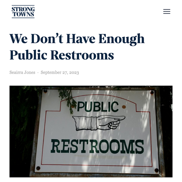 StrongTowns's tweet photo. "Public restrooms are fundamental to human dignity and health in cities." - Edward Erfurt

https://t.co/vFLRIcDfQx https://t.co/dw0BvOcGCW