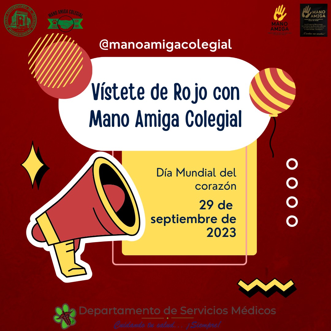 Departamento de Servicios Médicos (@servmedrum) on Twitter photo EL 29 de Septiembre es el Día Mundial del Corazón, y estamos listos para lucir nuestras camisas rojas❤️. Ùnete a la causa con Mano Amiga Colegial mientras cuidamos y ayudamos a nuestra sociedad estudiantil a latir más fuerte 🫶. <a href="/ManoAmigaRUM/">Mano Amiga Colegial</a> EL 29 de Septiembre es el Día Mundial del Corazón, y estamos listos para lucir nuestras camisas rojas❤️. Ùnete a la causa con Mano Amiga Colegial mientras cuidamos y ayudamos a nuestra sociedad estudiantil a latir más fuerte 🫶. <a href="/ManoAmigaRUM/">Mano Amiga Colegial</a>