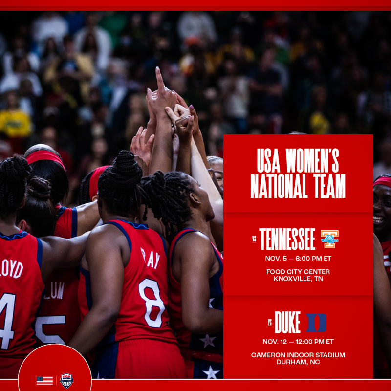 usabasketball's tweet photo. The 🇺🇸 #USABWNT returns for a pair of exhibitions!

🗓️ Nov. 5 vs @LadyVol_Hoops 🧡
🗓️ Nov. 12 vs @DukeWBB 👿