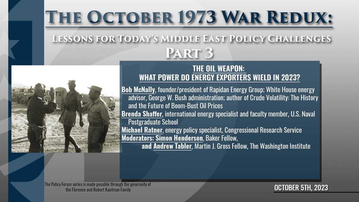 🗓️October 5 at 12PM ET
📺“The Oil Weapon: What Power Do Energy Exporters Wield in 2023?” with <a href="/Bob_McNally/">Bob McNally</a>, <a href="/ProfBShaffer/">Brenda Shaffer</a>, and Michael Ratner. <a href="/shendersongulf/">Simon Henderson</a> and <a href="/Andrewtabler/">Andrew J. Tabler</a>. 

Watch: washingtoninstitute.org/policy-analysi…
