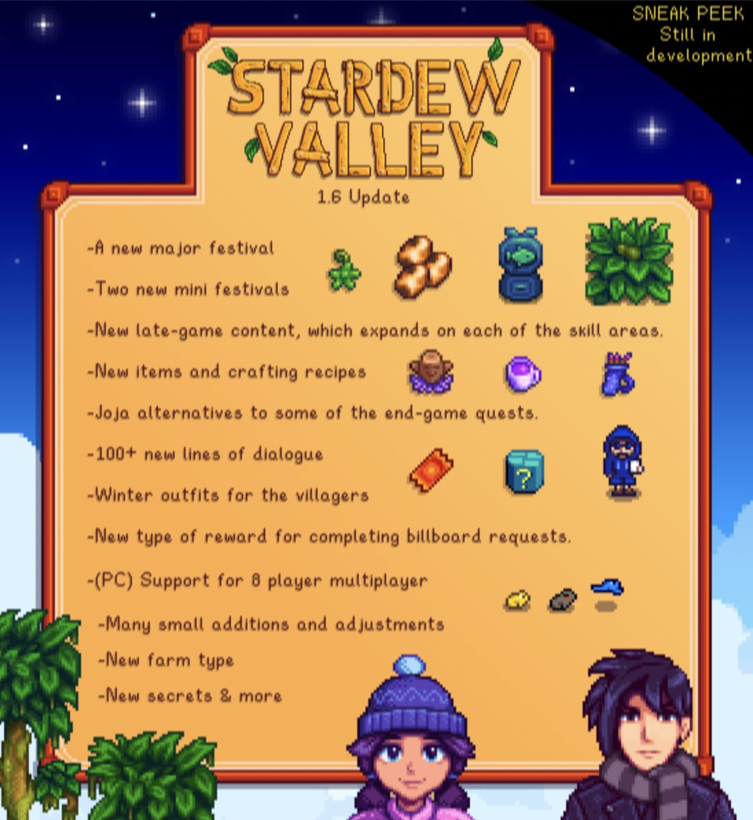 1.6 content sneak peek. no release date yet

posted by u/Turbostrider27. Post url: shorturl.at/dgh08 #StardewValley #Stardew