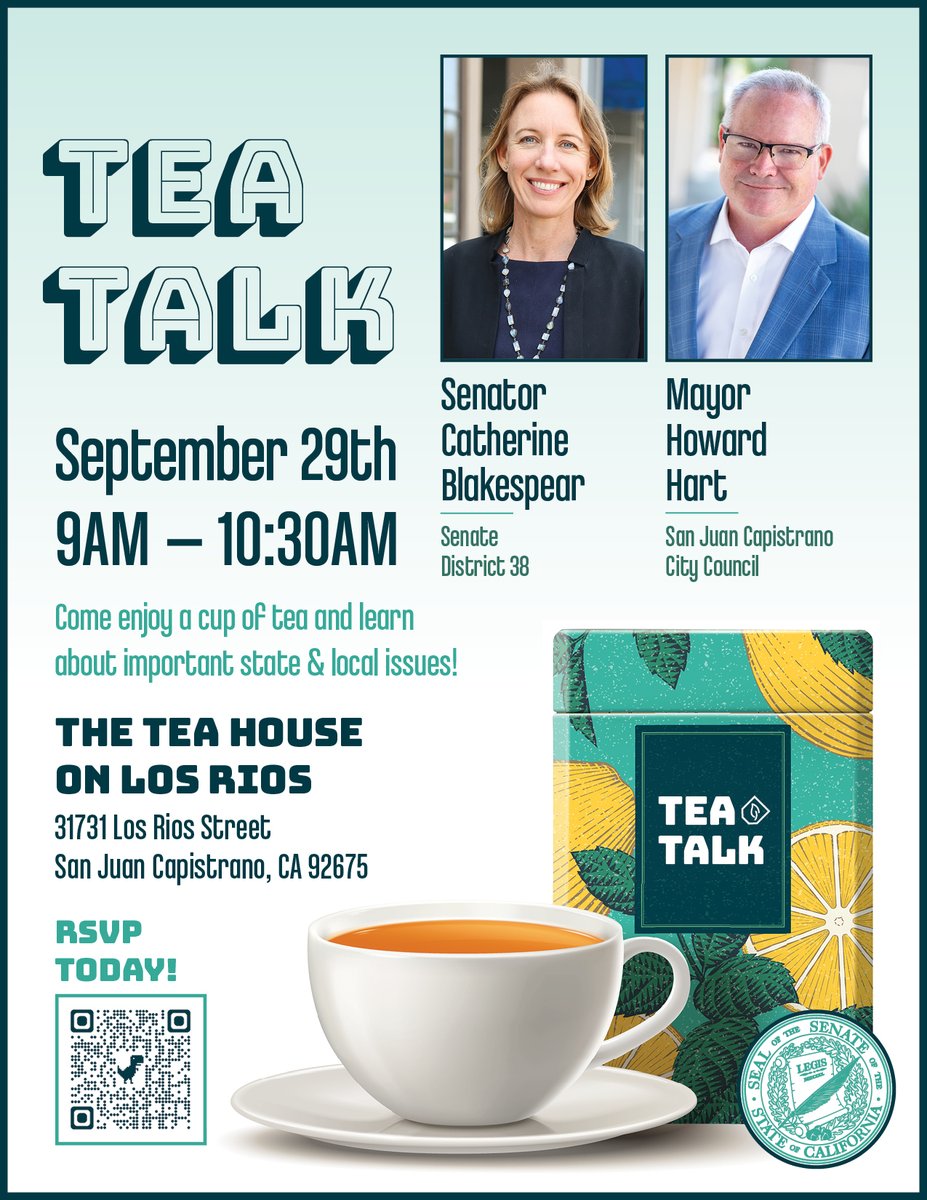 Reminder that I will be in San Juan Capistrano tomorrow morning with Mayor Howard Hart. Join us to discuss important issues facing the community!  #SanJuanCapistrano #TheTeaHouse
