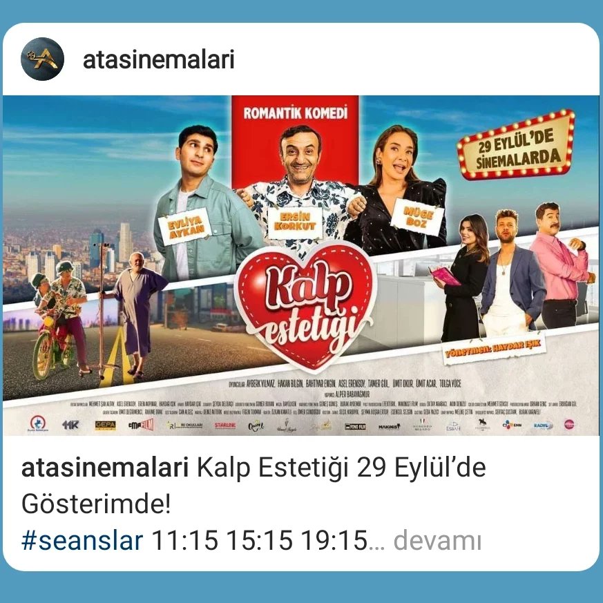 AtaSinemalari's tweet photo. Kalp Estetiği 29 Eylül’de Gösterimde!
#seanslar 11:15 15:15 19:15 

Müge Boz, Evliya Aykan ve Ersin Korkut’un başrollerini paylaştığı #KalpEstetiği sinema filmi, komedi filmi sevenler için geliyor!

#kalpestetiği #sinema #mügeboz #evliyaaykan #ersinkorkut #hakanbilgin #cmpfilm https://t.co/8qMpVaz2Ig