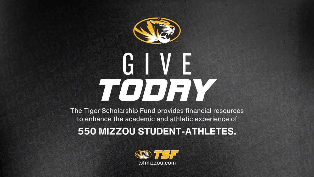 I am one of the 550 @mizzouathletics student -athletes supported by the Tiger Scholarship Fund . Consider investing in the lives of myself , my teammates , and future Tigers by giving at tsfmizzou.com today . MIZ !
