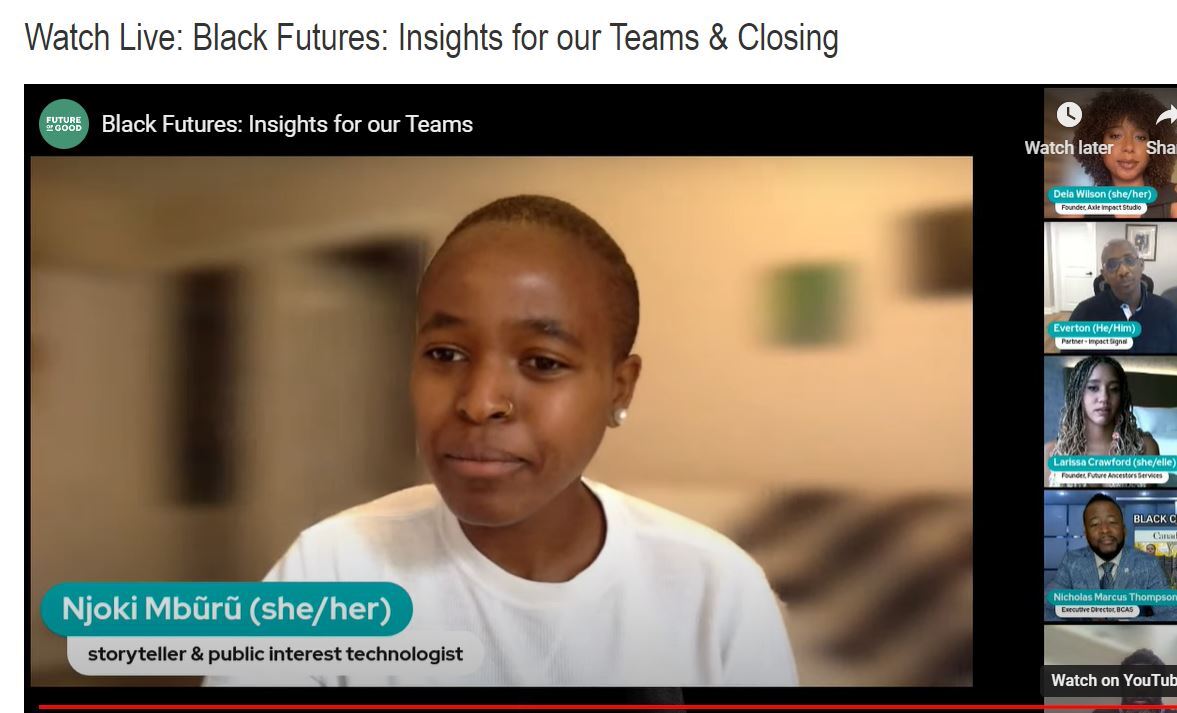 Future of Good (@futureofgood) on Twitter photo Our FINAL plenary Black Futures: Insights for our Teams’ is happening now!
Moderated by Njoki Mbũrũ with:
✅ <a href="/evertonsquill/">Everton</a>, <a href="/ImpactSignal/">Impact Signal</a>
✅ <a href="/larissa_speaks/">Larissa Crawford (She/Elle)</a>, <a href="/AncestorsFuture/">Future Ancestors Services Inc.</a>
✅Julius Lindsay, <a href="/DavidSuzukiFDN/">David Suzuki FDN</a>
✅ <a href="/meetNMT/">Nicholas Marcus Thompson</a>, <a href="/BlackClassActn/">Black Class Action Secretariat</a>
✅ Dela Wilson, Axle Impact Studio Our FINAL plenary Black Futures: Insights for our Teams’ is happening now!
Moderated by Njoki Mbũrũ with:
✅ <a href="/evertonsquill/">Everton</a>, <a href="/ImpactSignal/">Impact Signal</a>
✅ <a href="/larissa_speaks/">Larissa Crawford (She/Elle)</a>, <a href="/AncestorsFuture/">Future Ancestors Services Inc.</a>
✅Julius Lindsay, <a href="/DavidSuzukiFDN/">David Suzuki FDN</a>
✅ <a href="/meetNMT/">Nicholas Marcus Thompson</a>, <a href="/BlackClassActn/">Black Class Action Secretariat</a>
✅ Dela Wilson, Axle Impact Studio