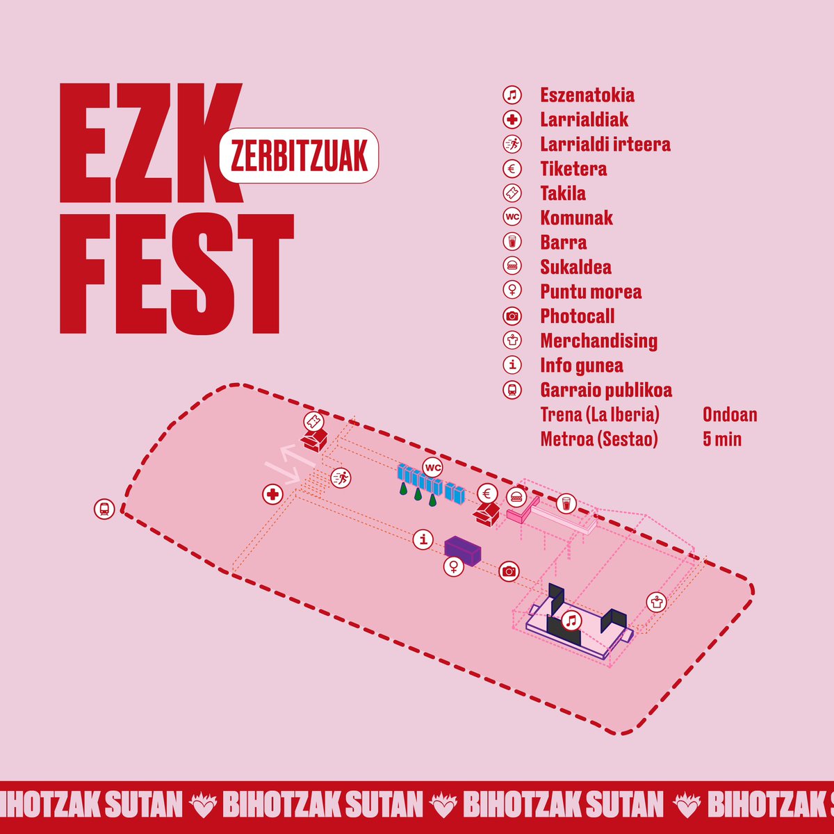 ezkfest's tweet image. 📍Hona aurtengo jaigunearen mapa Labe Garai zaharraren pareko aparkalekua beteko dugu

🟣 Puntu Morea egongo da, behar duenari laguntza eta informazioa emateko. Horrez gain, jaigunera lasai sartu eta irteteko aukera egongo da

🌭Barruan bokatak egongo dira salgai egun osoan zehar