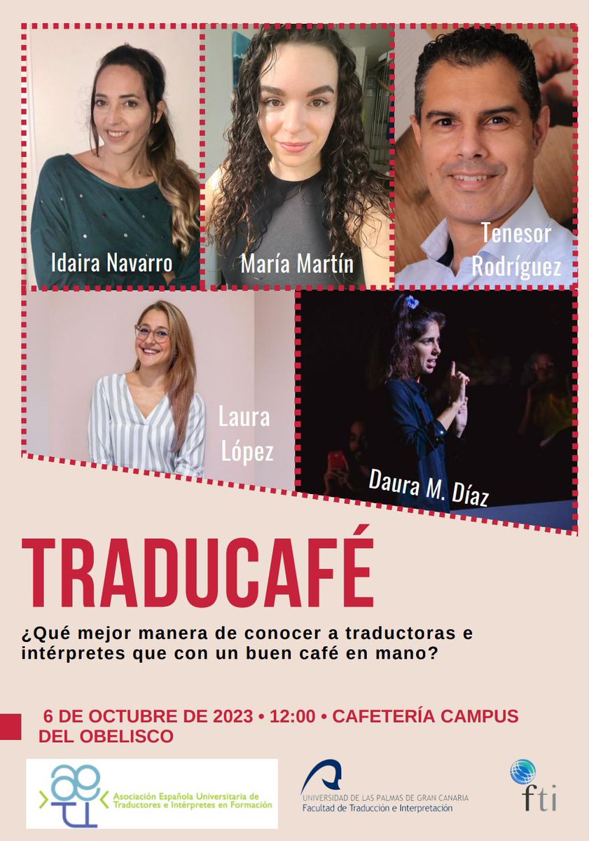 🔊PRIMERA ACTIVIDAD🔊
Este curso presentamos la segunda edición del Traducafé. ☕
Tendremos la oportunidad de charlar con cinco traductoras/intérpretes  que resolverán todas nuestras dudas sobre la profesión. ¡No te lo pierdas! 😍
Inscríbete aquí: forms.gle/TLhRQ5vNY4Qay9…
