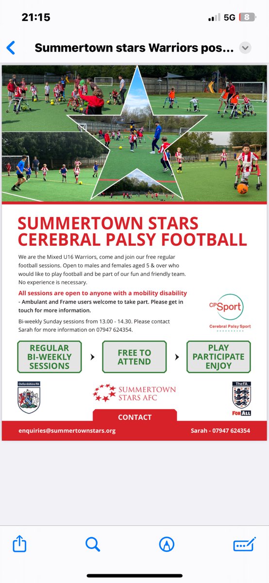 For any child with cerebral palsy or a mobility disability- come and join our friendly, fun and free football sessions in Oxford. Every other week- session this Sunday at 1pm. We have children come as far as high Wycombe and Northampton. Come &amp; give it a go! Spread the word.