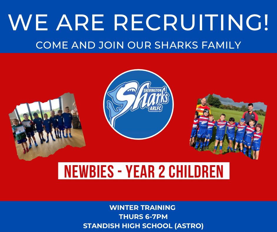 If you think your child may enjoy playing rugby league then why not bring them along to join our @ShevingtonShark Newbies?! 🔵 RFL Level 2 qualified coach 🔴 FUN, inclusive training sessions ⚪️ A club that welcomes everyone @stjosephswright @stbernies @St_Wilfrids_CE please RT