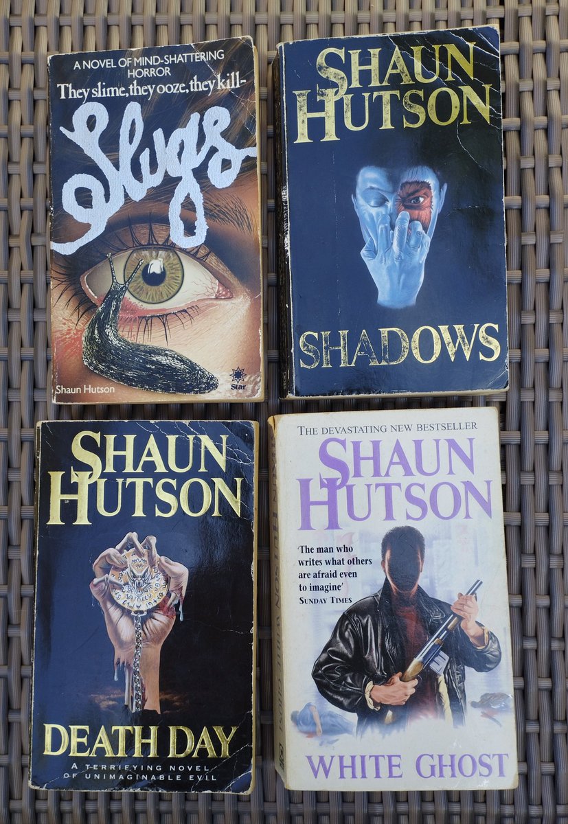 Recent retro pick ups: early Shaun Hutson novels (who adapted Twins of Evil). Now reading SLUGS his debut set in the London Borough of Merton, whereas the movie adaption was a Spanish production set in rural America! 

#Readmorehorror