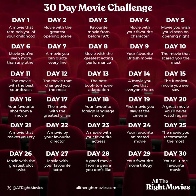 I wanna do this but id be watching the same movie on day 2, 4, 5, 6, 7, 8, 11, 16, 17, 22, 27, 29, and