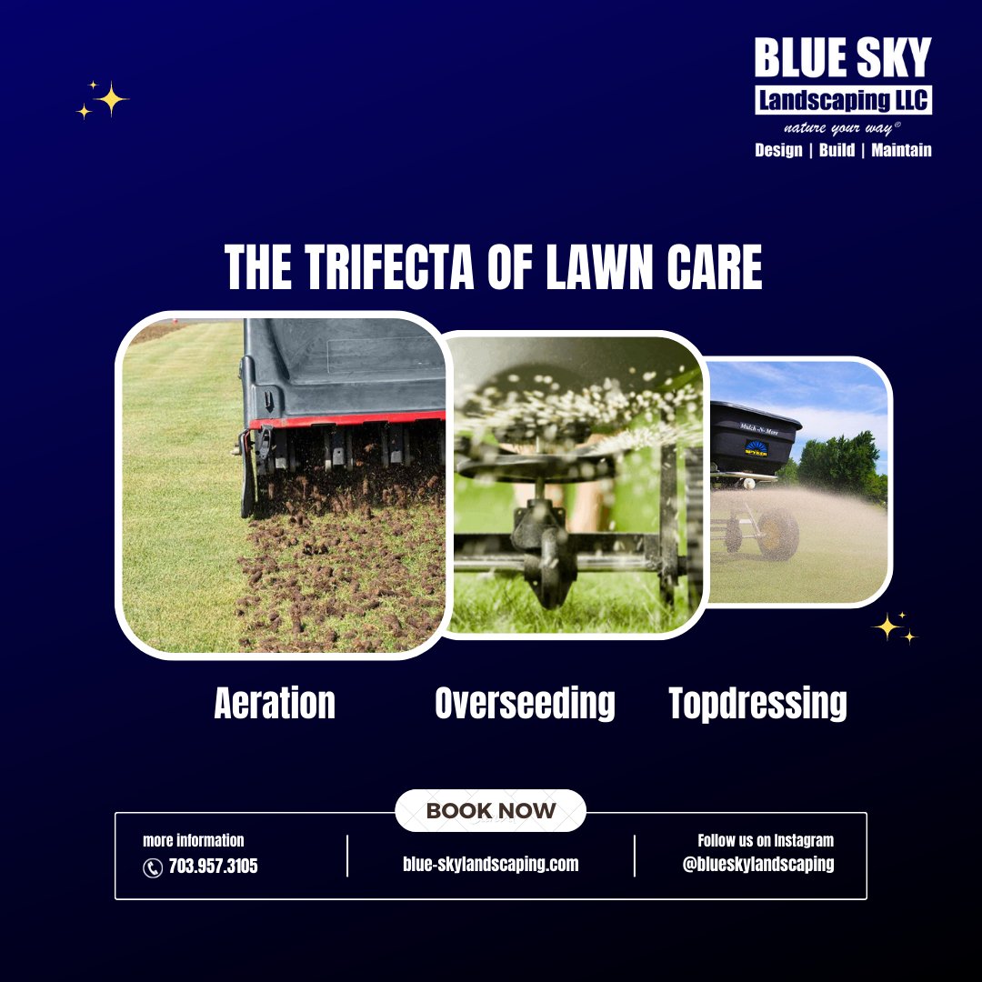Did you know that aeration, overseeding, and topdressing are key to maintaining a strong, resilient lawn? Let Blue Sky Landscaping take care of it for you! 

Call us now! 703.957.3105
blue-skylandscaping.com/aeration-seedi…

#blueskylandscaping #TriFectaOfLawn #aeration #overseeding #topdressing