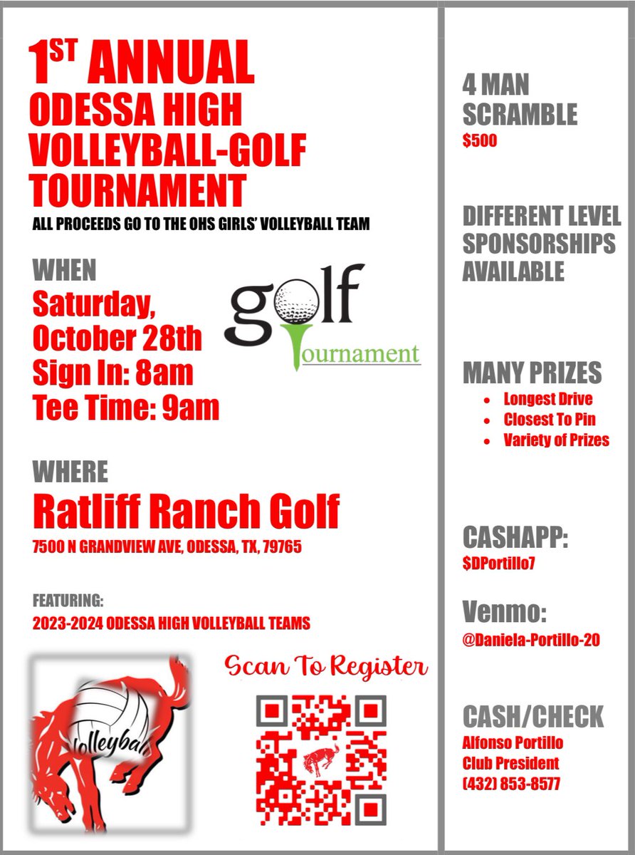 Excited about our 1st Annual Golf Tournament!!!
Scan the QR code to sign up or visit the web link below 

…lleyball-golf-tournament.webnode.page

#gobigred 
#BronchoNation
<a href="/EctorCountyISD/">Ector County ISD</a> 
<a href="/ECISDAthletics/">EctorCountyISDAthletics</a> 
<a href="/BigRedBronchos/">Odessa High School</a>