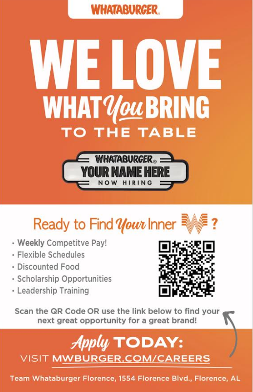 T_Stonecipher's tweet photo. @TrojansMSHS @MSCareerAcademy Students: @Whataburger is coming to Florence, AL and they need employees! Checkout their job announcement and apply. #CoOp #DreamBig https://t.co/e7oWMg7p15