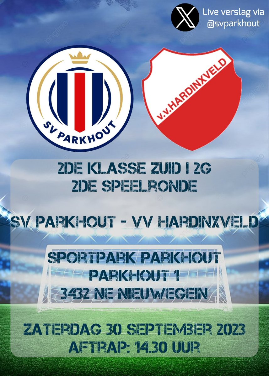 svparkhout's tweet photo. Zaterdag is het zo ver. De eerste thuiswedstrijd voor SV Parkhout. Weet het team van trainer Kevin Reinhard de overwinning van vorige week een mooi vervolg te geven? Om 14.30 uur is de aftrap tegen @vvhardinxveld. Niet aanwezig? Er volgt een live X-verslag!

#ParHar https://t.co/hQmOPqdoTb