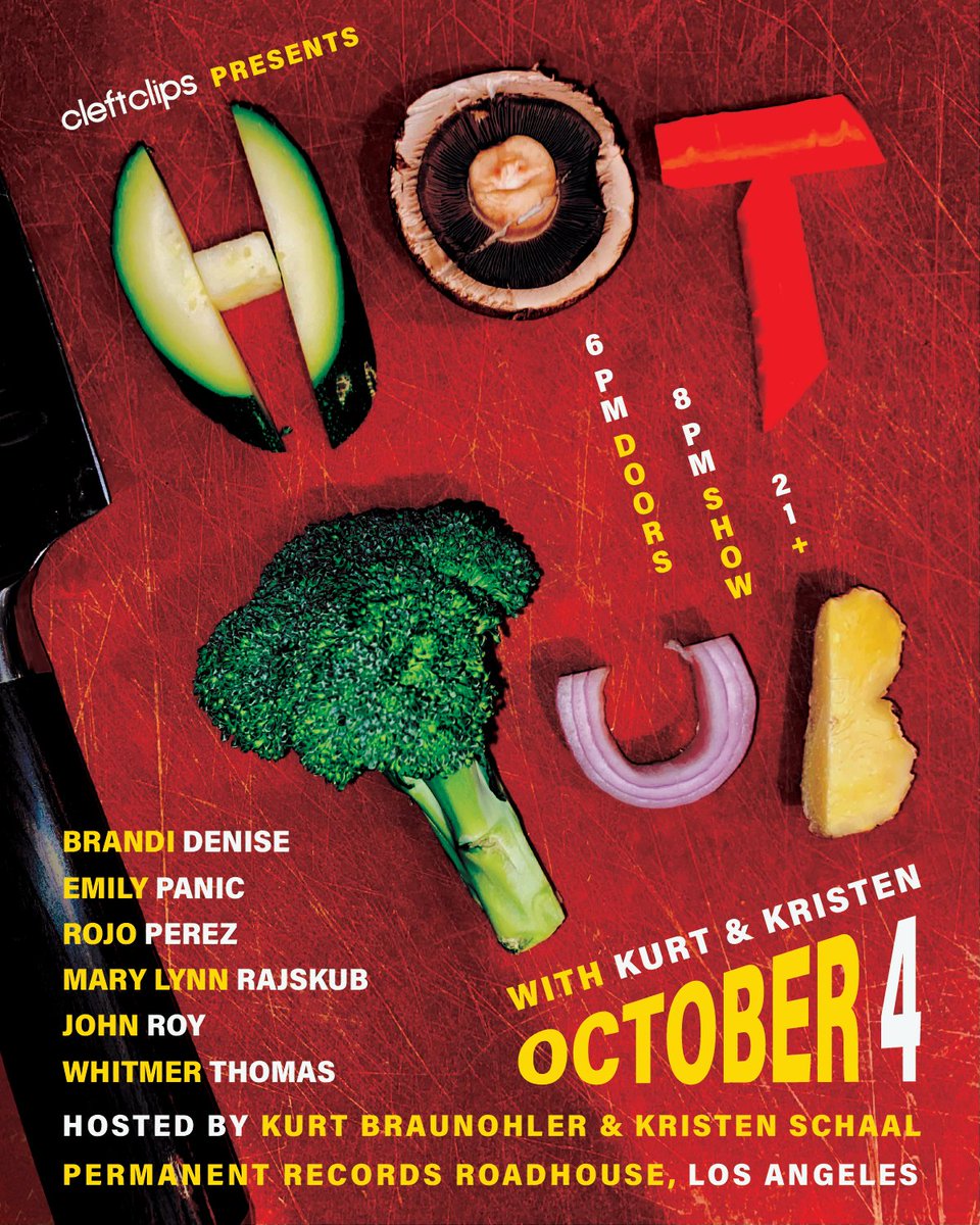 Hot Tub With Kurt & Kristen (@hottub_show) on Twitter photo Our next HOT TUB is October 4th at <a href="/Permanent_LA/">Permanent Records LA</a> w/ <a href="/lolbrandidenise/">Brandi Denise</a> <a href="/aprettybigmouth/">Emily Panic</a> <a href="/rojoperezzz/">Rojo Perez</a> @JohnRoycomic <a href="/MaryLynnRajskub/">Mary Lynn Rajskub</a> <a href="/WhitmerThomas/">whitmer thomas</a>
Discount/online tix for Wednesday night: cleftclips.ticketsauce.com/e/hot-tub-with… ++ Limited early bird tix available! Our next HOT TUB is October 4th at <a href="/Permanent_LA/">Permanent Records LA</a> w/ <a href="/lolbrandidenise/">Brandi Denise</a> <a href="/aprettybigmouth/">Emily Panic</a> <a href="/rojoperezzz/">Rojo Perez</a> @JohnRoycomic <a href="/MaryLynnRajskub/">Mary Lynn Rajskub</a> <a href="/WhitmerThomas/">whitmer thomas</a>
Discount/online tix for Wednesday night: cleftclips.ticketsauce.com/e/hot-tub-with… ++ Limited early bird tix available!