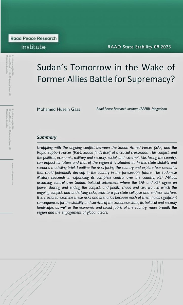 PeaceRaad's tweet photo. Our fresh report, "Sudan’s Tomorrow in the Wake of Former Allies Battle for Supremacy?" is out. It outlines risks facing 🇸🇩 and scenarios that could shape its future. From potential power shifts to chaos, we analyze it all https://t.co/SFtfHd24E9
#Sudanconflict #RAADPolicyBrief https://t.co/EOsc0MZJfx
