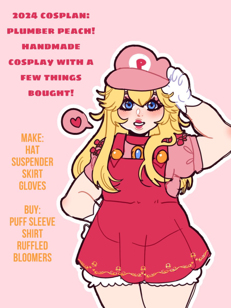 a cosplan i wanna do in 2024!! plumber peach! i decided to make my own design for her outfit, if you make it yourself please credit me! 
I can't wait to wear it. 
#PrincessPeach #plumberprincesspeach #mario #supermario #SuperMarioBros #cosplan #cosplay #plussizecosplay