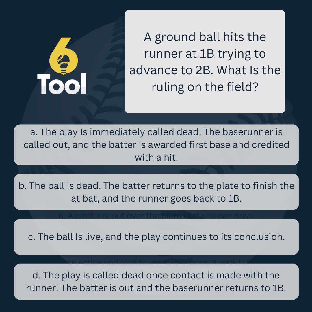 six6Tool's tweet image. Understanding the rules before the situation occurs can be the difference between a W and an L. Gain an edge with 6Tool! 💡

Give us your answer in the poll below!

#6Tool #baserunning #infieldtraining #baseballIQ