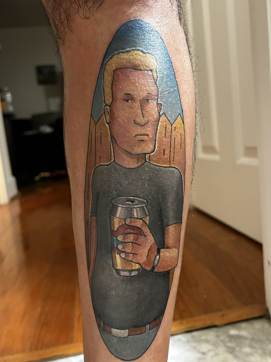 Boomhauer tattoo from king of the hill. Done by Ryan Kaufman of @DamascusTattoo. #boomhauer #mikejudge #kingofthehill #tattoo #cartoonink #porkysbutthole #texas #ranger #beer #hankhill #tattooart #shinink