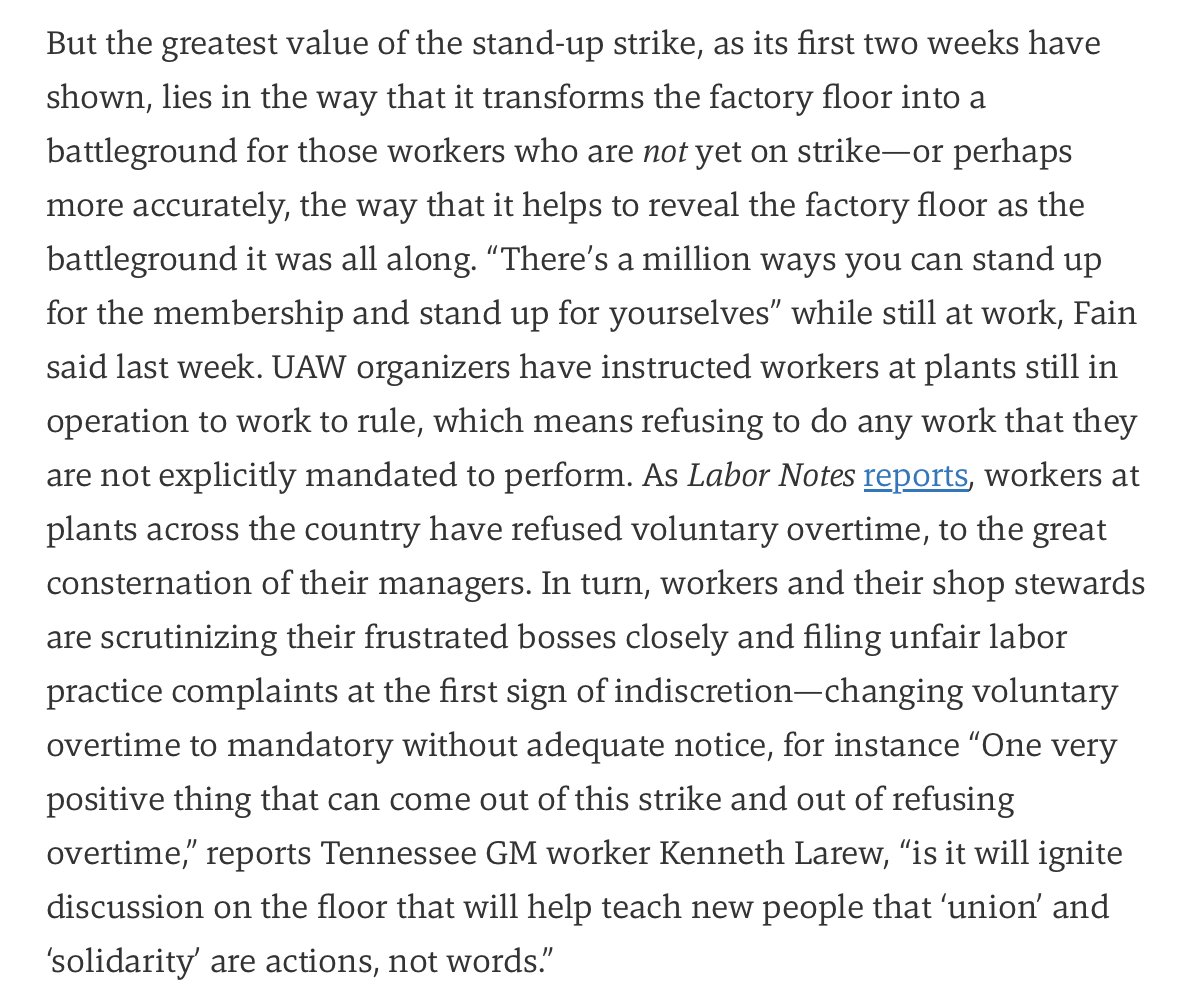 The @labornotes team has been doing great work reporting on the shop-floor resistance that's accompanied the UAW strike in the plants that haven't walked out yet. I think that's the most exciting and promising aspect of the strike so far. jewishcurrents.org/revaluing-the-…