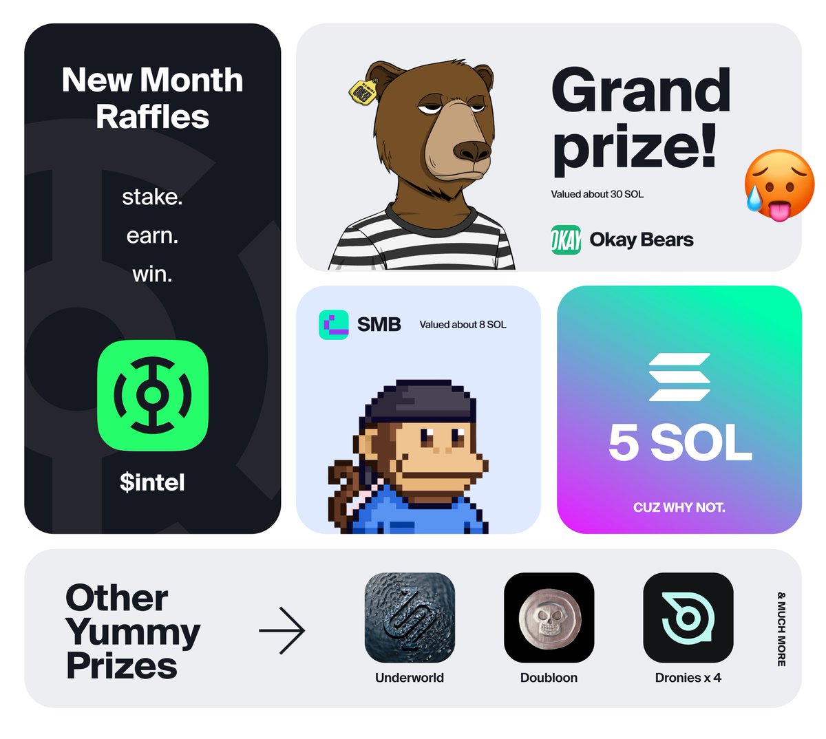 A new slew of raffles have flooded the $INTEL House!

We've put up a whole month of raffles so you aren't left guessing as whats to come. A new prize of increasing value will be won by an Operative each week.

Stake, earn, and spend your $INTEL on stake.droniesnft.com ✅