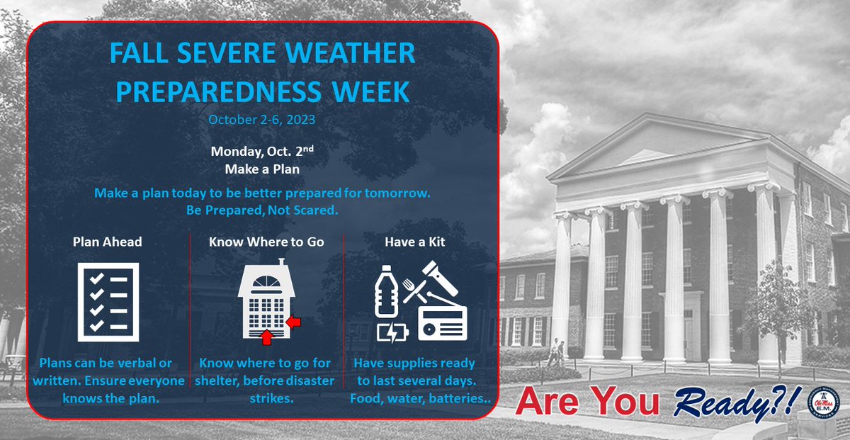 RebAlert's tweet image. Day 1 of Fall Severe Weather Preparedness Week!   

Today's topic of focus is making a plan📄
#BePreparedNotScared
🔴Plans can be verbal or written
⚪️Know your hazards
🔵Share your plan with others 
#RebAware #FSWPW