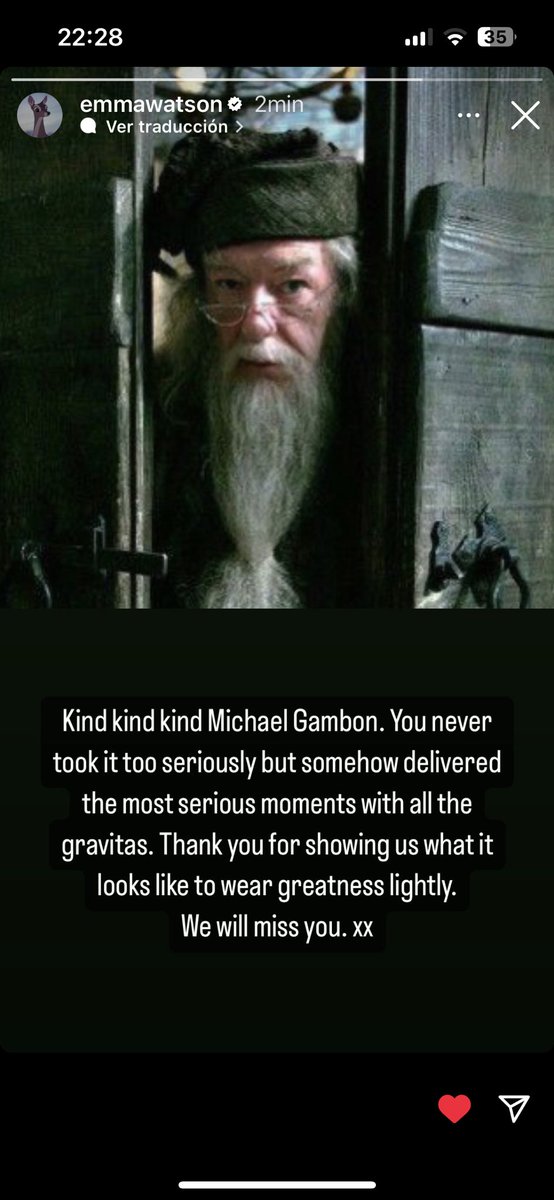 Goldilocks1013's tweet photo. 😢Y no podía faltar #EmmaWatson despidiéndose de #MichaelGambon 👇hace unos minutos ha compartido esta story en su IG📸
#RIPMichaelGambon #RIPDumbledore
#Always
#potterhead
#watsoner https://t.co/lIf0MCj462