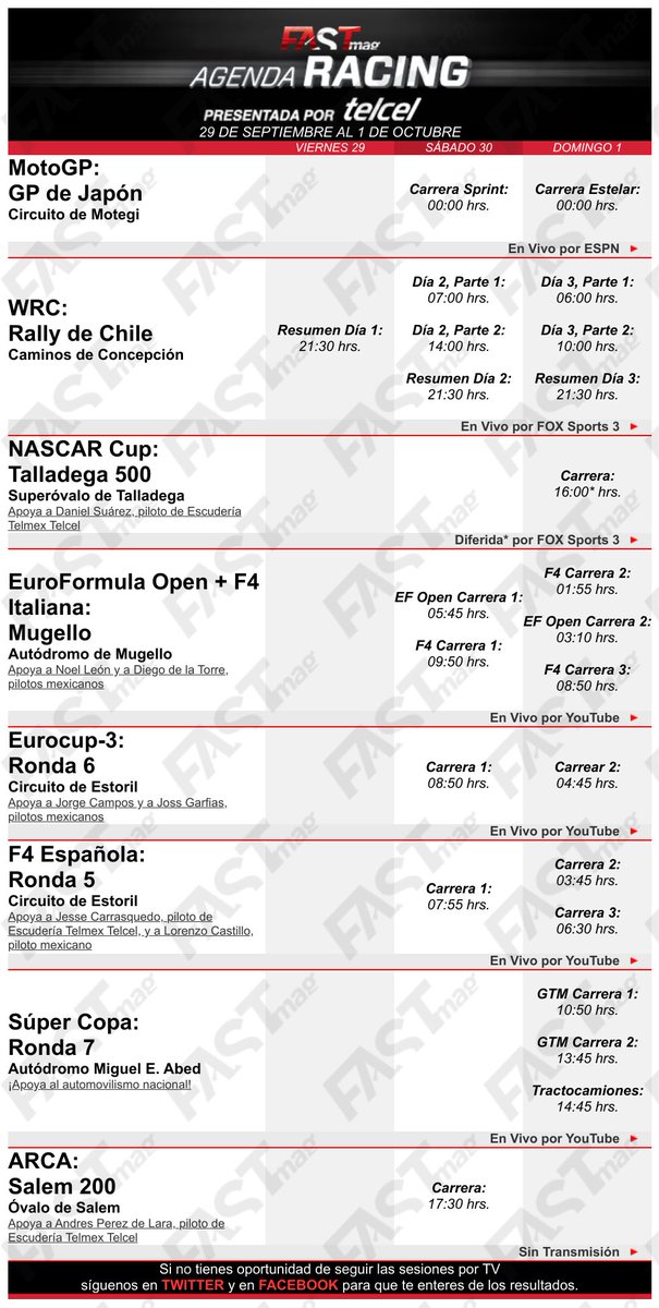 Fastmagmx's tweet photo. ¡La #AgendaRacing! Presentada por @Telcel
Termina septiembre, inicia octubre, pero la actividad en el automovilismo nacional e internacional continúa.
¡No le pierdas la pista a nuestros pilotos!
#MotoGP #JapaneseGP #WRC #RallyChile #NASCARPlayoffs #SuperCopaMex @noel_leon19 https://t.co/y1IIOkFsEB