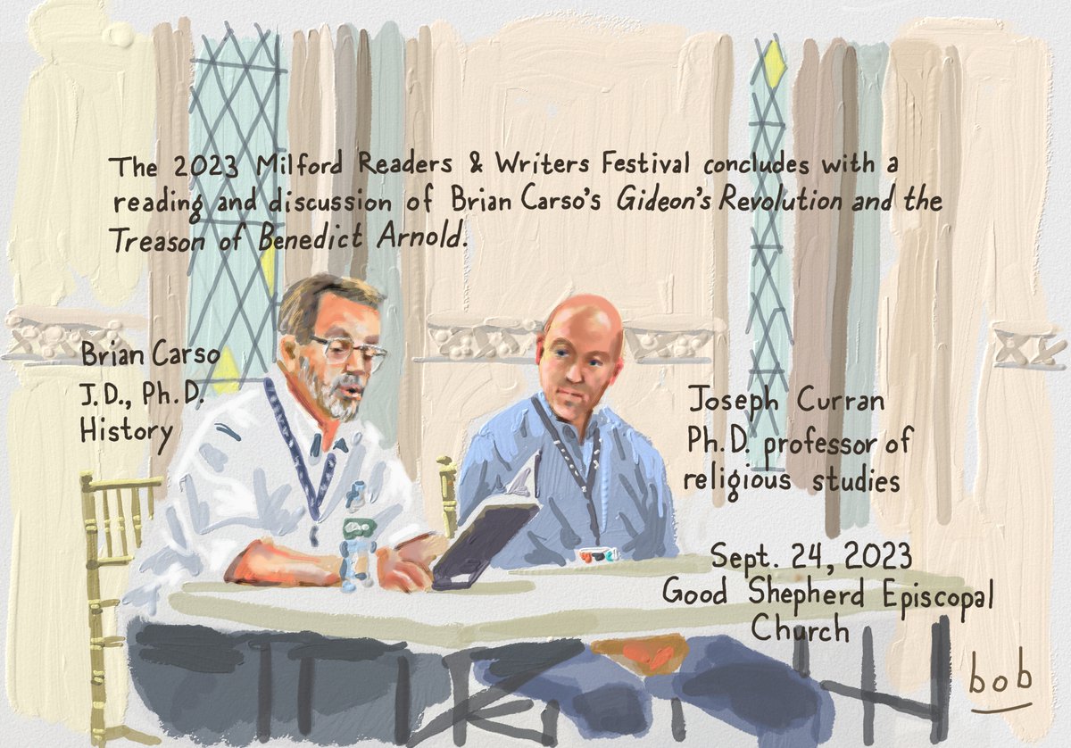 CarsoBrian's tweet photo. When reading my novel, Gideon's Revolution, at a book festival and in the audience I spy Bob Eckstein—cartoonist, illustrator, humorist, known for his work in The New Yorker, The NYTimes, &amp; many others—I know magic's gonna happen. Thanks, Bob! @MisericordiaU  @CornellPress https://t.co/V0g7aGk92O