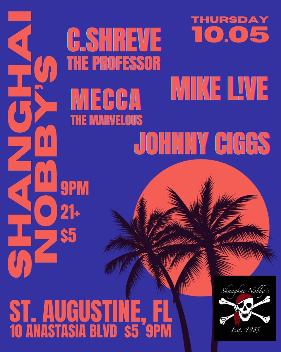 1 week from tonight. 9PM at Shanghai Nobby’s in St. Augustine, Florida. Featuring Mecca the Marvelous, Johnny Ciggs, Mike L!VE and the #EatYourHeartOutTour #tourmode