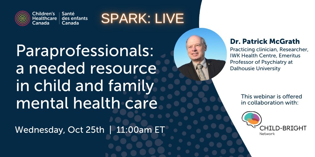 Social factors have increased the need for mental health care. On October 25, join @ChildBrightNet's Patrick McGrath (@AskDrPat) on a @ChildHealthCan SPARK: Live webinar to discuss how paraprofessionals or coaches can help: bit.ly/3LV06XJ